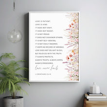 1 CORINTHIANS 134-8 Love Is Patient Love Is Kind Love Never Fails Bible Verse Poster, Christan Wall Art, Scripture Wedding Gift