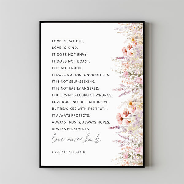 1 CORINTHIANS 134-8 Love Is Patient Love Is Kind Love Never Fails Bible Verse Poster, Christan Wall Art, Scripture Wedding Gift