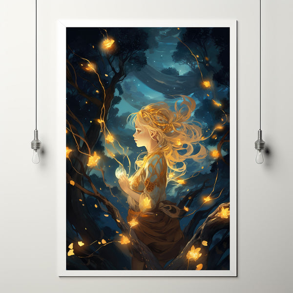 Mystical Girl in the Night Sky - Dark Forest Poster, Enchanting Artwork for Dreamers and Nature Lovers