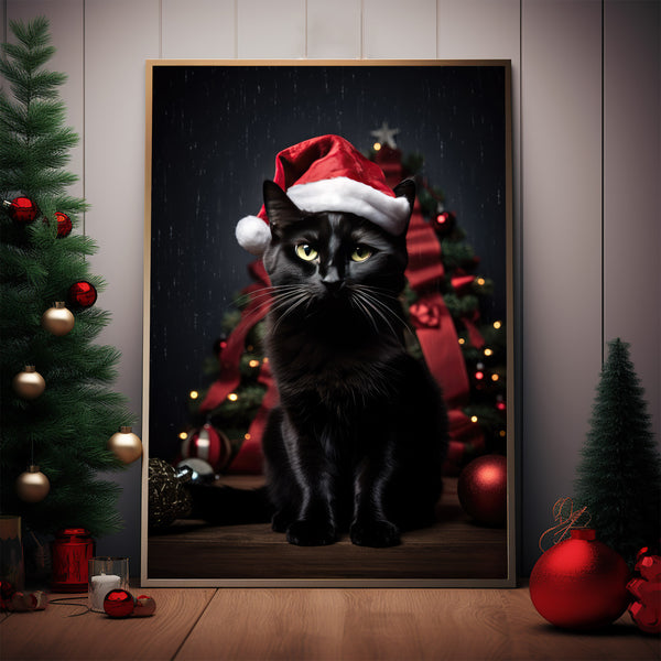 Black Cat with Santa Hat Christmas Poster - Festive Feline Art | Vintage Xmas Decor Art Print | Ideal Gift for Cat Lovers