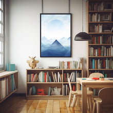 Abstract Mountain Art Poster - Geometric and Fluid Forms | Blues and Snow Peaks Wall Art