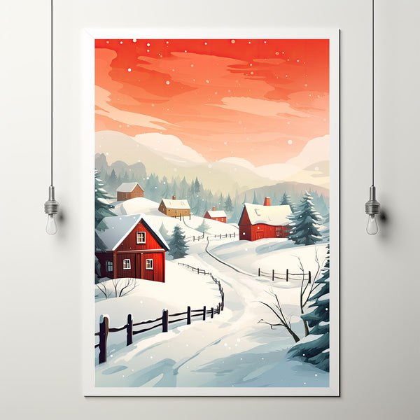 Rustic Farmhouse Village Poster | Classic Red Barn Wall Art Print | Country Chic Home Decor | Vintage Farm Landscape Artwork