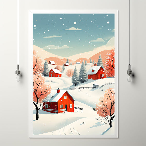 Rustic Farmhouse Village Poster | Classic Red Barn Wall Art Print | Country Chic Home Decor | Vintage Farm Landscape Artwork
