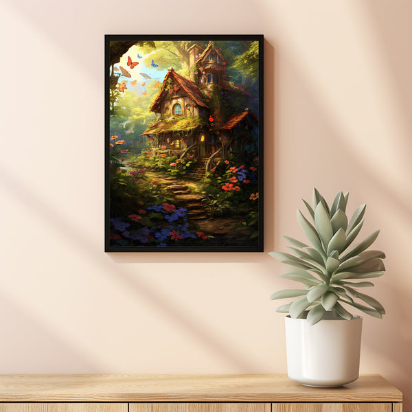 Enchanted Fairytale Forest Poster with Cozy Little Fairy - Whimsical Fairy Wall Art, Magical Forest Decor for Dreamy Interiors