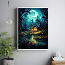 Fairy Tale Style Illustration: Enchanted Fairy Poster - Whimsical Wall Art with Small House in Green Tree Grove, Magical Forest Decor Suitable for All Ages