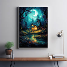 Fairy Tale Style Illustration: Enchanted Fairy Poster - Whimsical Wall Art with Small House in Green Tree Grove, Magical Forest Decor Suitable for All Ages