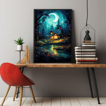 Fairy Tale Style Illustration: Enchanted Fairy Poster - Whimsical Wall Art with Small House in Green Tree Grove, Magical Forest Decor Suitable for All Ages