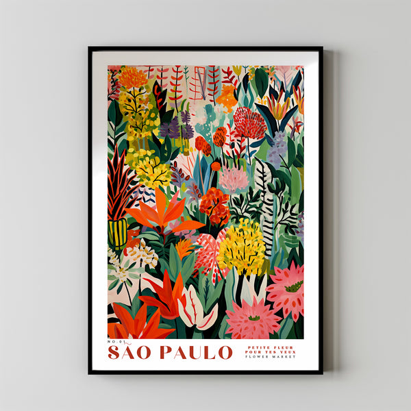 Flower Market Poster Sao Paulo Travel Art Colorful Red Green Wall Print Brazilian Home Decor Floral Illustration Print Botanical Wall Art