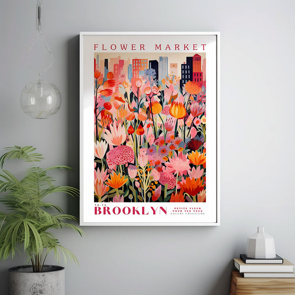 Flower Market Poster, Brooklyn Poster, New York Poster, Travel Wall Art, Botanical Wall Art, Pink and Orange Wall Art, Floral Illustration