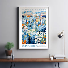 Flower Market Poster, Copenhagen Travel Art, Copenhagen City Art, Botanical Wall Art, Blue and White Flower Art, Flower Garden, Nature Art