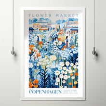 Flower Market Poster, Copenhagen Travel Art, Copenhagen City Art, Botanical Wall Art, Blue and White Flower Art, Flower Garden, Nature Art