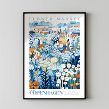 Flower Market Poster, Copenhagen Travel Art, Copenhagen City Art, Botanical Wall Art, Blue and White Flower Art, Flower Garden, Nature Art