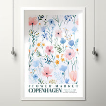 Flower Market Poster, Copenhagen Travel Art, Large Modern Poster, Botanical Wall Decor, Blue and White Flower Art, Flower Garden, Nature Art