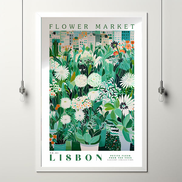Flower Market Poster, Lisbon Floral Art, Travel Art Poster, Emerald Green, Trendy Wall Art, Botanical Wall Decor, Flower Painting Print