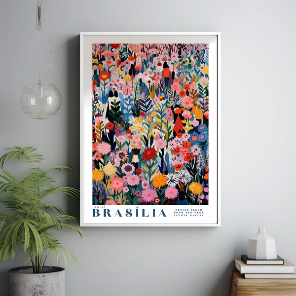Flower Market Print Brasilia Travel Art City Poster Framed Botanical Wall Decor Green Wall Art Trendy Floral Illustration Pink Peony Flower