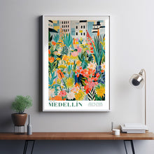 Flower Market Print Medellin Travel Art City Poster Framed Botanical Wall Decor Blue Wall Art Trendy Floral Illustration Pink Peony Flower