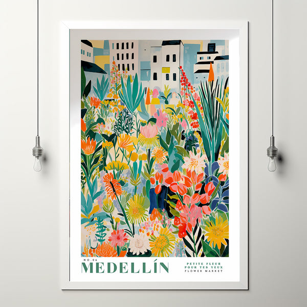 Flower Market Print Medellin Travel Art City Poster Framed Botanical Wall Decor Blue Wall Art Trendy Floral Illustration Pink Peony Flower