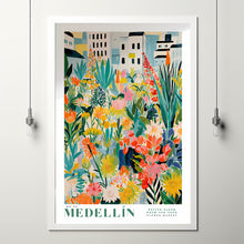 Flower Market Print Medellin Travel Art City Poster Framed Botanical Wall Decor Blue Wall Art Trendy Floral Illustration Pink Peony Flower