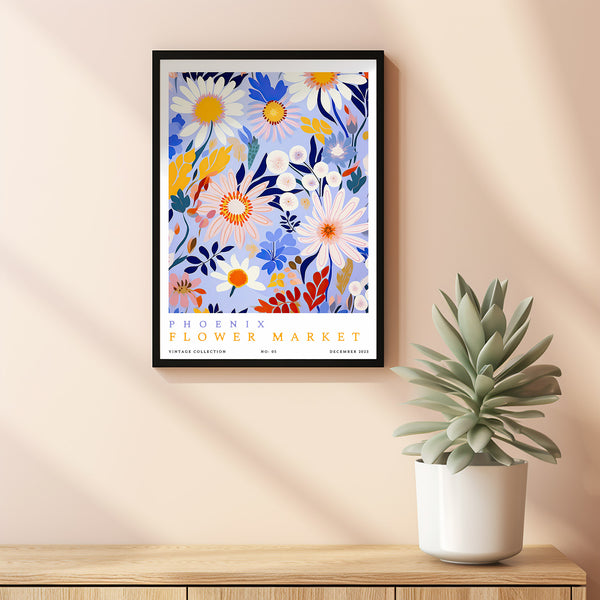 Flower Market Print Phoenix Travel Poster Blue Wall Art Floral Illustration Daisy Botanical Wall Art Large Modern Wall Decor Vintage Poster