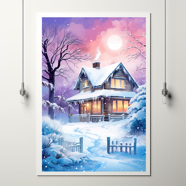 Christmas Wall Art - Enchanting Snowing House Poster for Festive Holiday Decor
