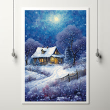 Christmas Wall Art, Winter Poster - Warm House in Snowfall, Oil Painting Style Wall Art Print for Cozy Seasonal Decor