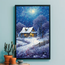 Christmas Wall Art, Winter Poster - Warm House in Snowfall, Oil Painting Style Wall Art Print for Cozy Seasonal Decor