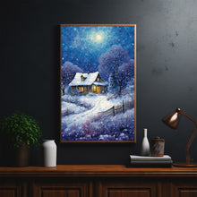 Christmas Wall Art, Winter Poster - Warm House in Snowfall, Oil Painting Style Wall Art Print for Cozy Seasonal Decor