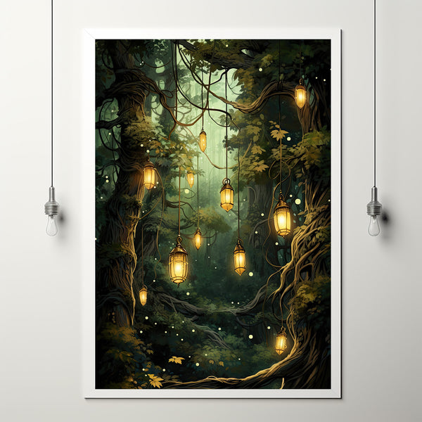 Spiritual Forest Wall Art Print - Enchanted Trees & River Lantern Scen ...