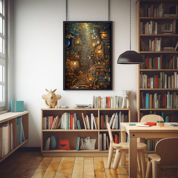 Surreal Library in the Forest Poster - Enchanting Tree in Library Wall Art, Abstract and Whimsical Book Haven Print