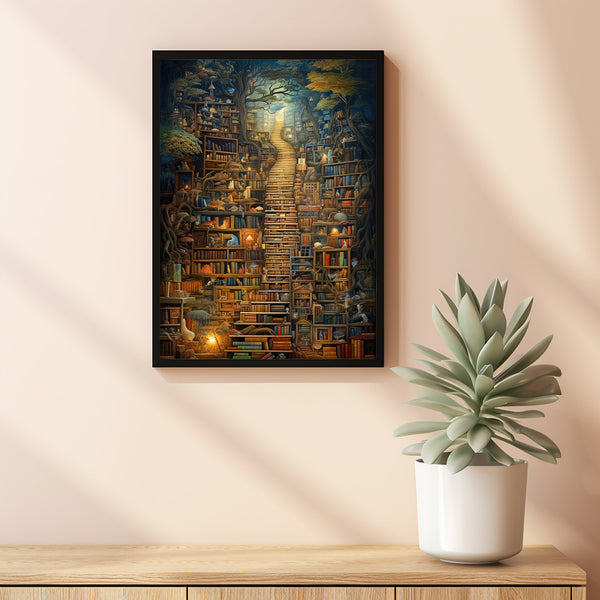 Surreal Library in the Forest Poster - Enchanting Tree in Library Wall Art, Abstract and Whimsical Book Haven Print