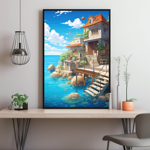 House by the Sea Poster - Tranquil Anime-Inspired Seaside Wall Art