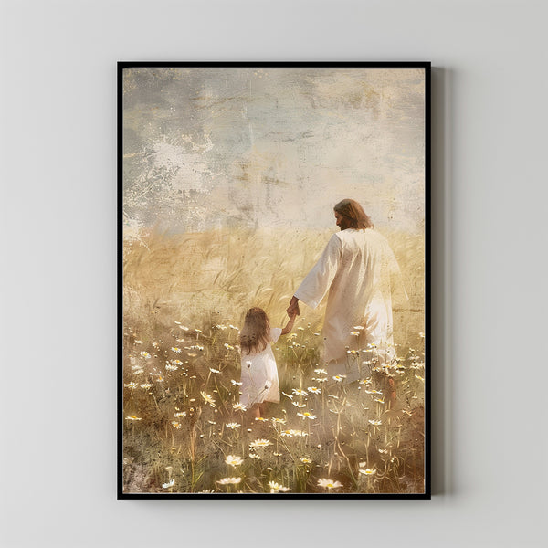 Life With Him, Jesus Christ and Little Girl Walking , Jesus Carrying Girl, Christian Wall Art, Bible Art, Faithful Art, Jesus Painting