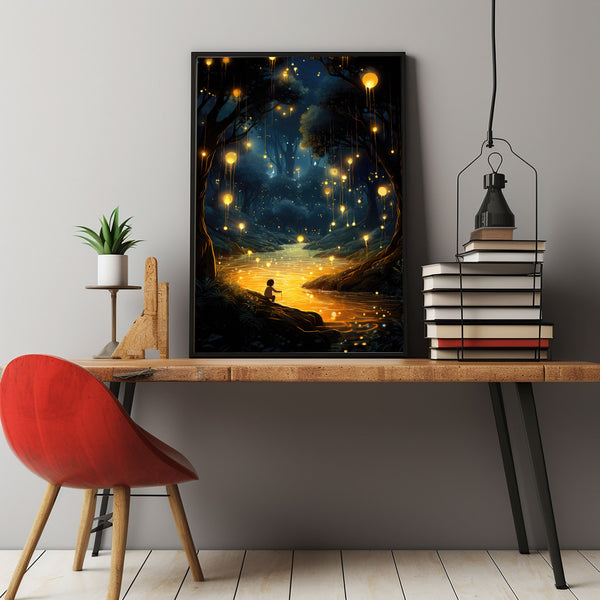 The Dancing Fireflies Poster - Enchanting Mystical Magical Forest Scene, Dreamy Nature-Inspired Wall Art for Home Decor