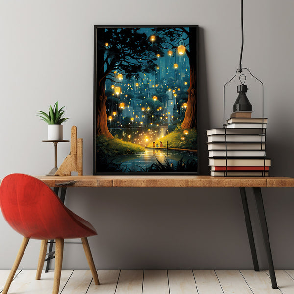 The Dancing Fireflies Poster - Enchanting Mystical Magical City Gardens Painting, Dreamy Nature-Inspired Urban Decor
