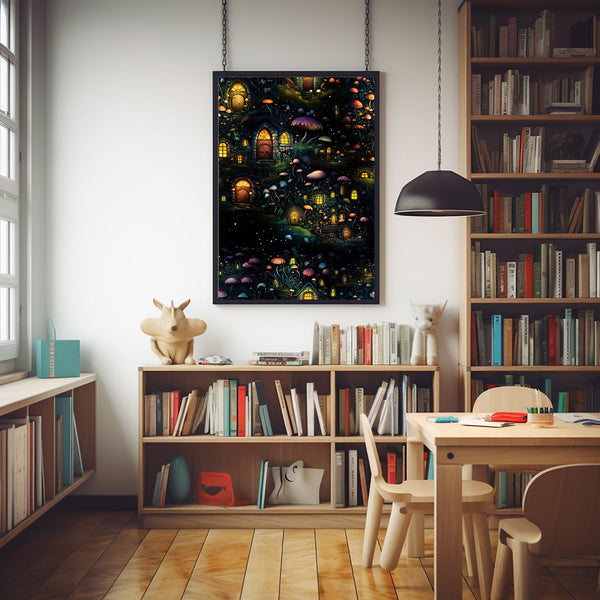 Enchanted Magical Forest Poster - Colorful Trees with Fairy Doors and Windows, Whimsical Light-Filled Forest Art for Dreamy Decor