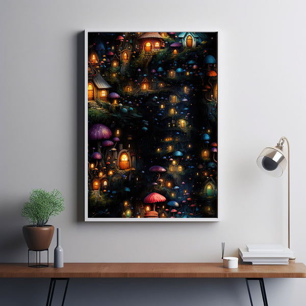 Enchanted Magical Forest Poster - Colorful Trees with Fairy Doors and Windows, Whimsical Light-Filled Forest Art for Dreamy Decor