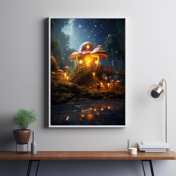 Enchanted Mushroom House in Forest with Fireflies Poster - Whimsical Woodland Art, Magical Nature Scene for Home Decor