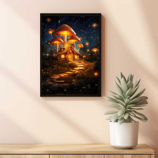 Enchanted Mushroom House in Forest with Fireflies Poster - Whimsical Woodland Art, Magical Nature Scene for Home Decor