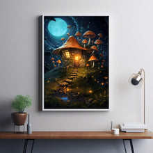 Enchanted Mushroom House in Forest with Fireflies Poster - Whimsical Woodland Art, Magical Nature Scene for Home Decor