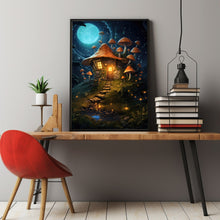 Enchanted Mushroom House in Forest with Fireflies Poster - Whimsical Woodland Art, Magical Nature Scene for Home Decor