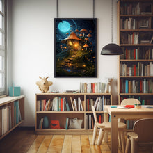Enchanted Mushroom House in Forest with Fireflies Poster - Whimsical Woodland Art, Magical Nature Scene for Home Decor