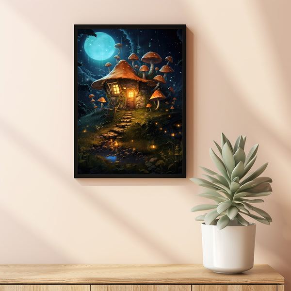 Enchanted Mushroom House in Forest with Fireflies Poster - Whimsical Woodland Art, Magical Nature Scene for Home Decor