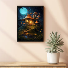 Enchanted Mushroom House in Forest with Fireflies Poster - Whimsical Woodland Art, Magical Nature Scene for Home Decor