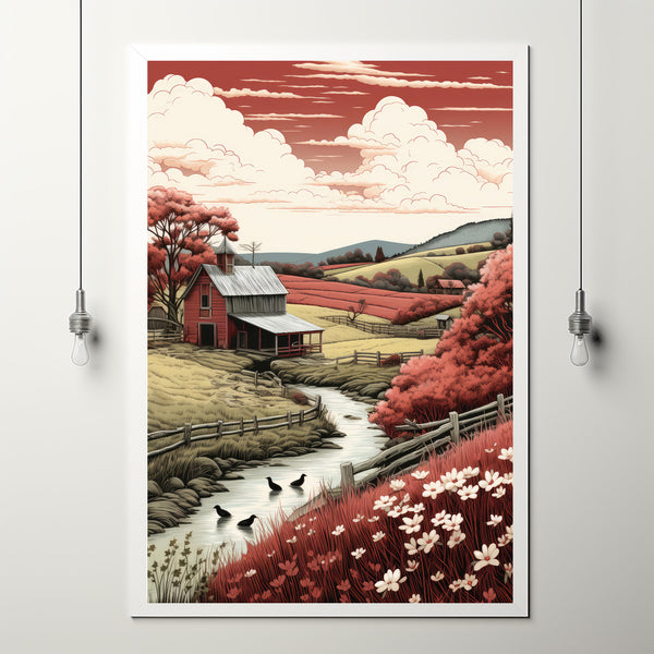 Vintage Farm Painting Poster - Classic Homestead Art Print - Rustic Country Farmhouse Decor for Traditional Home Styling - Gift Framhouse