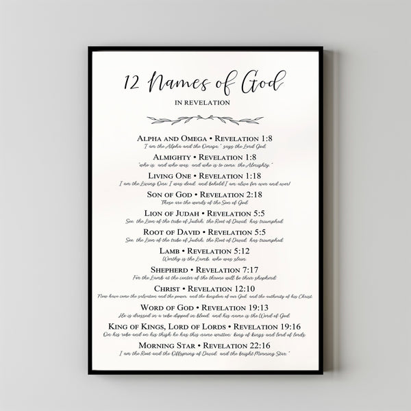 12 Names of God in Revelation New Testament Bible Verse Printable Wall art, Modern Christian minimalist Scripture quote Homeschool Poster