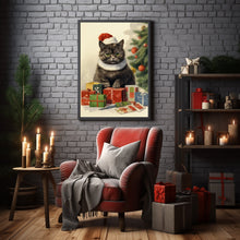 Vintage Christmas Cat Poster - Festive Santa Hat Feline Art Print, Unique Xmas Decor, Holiday Wall Art