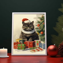 Vintage Christmas Cat Poster - Festive Santa Hat Feline Art Print, Unique Xmas Decor, Holiday Wall Art