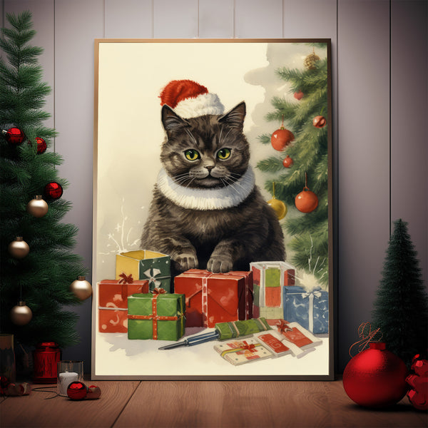Vintage Christmas Cat Poster - Festive Santa Hat Feline Art Print, Unique Xmas Decor, Holiday Wall Art