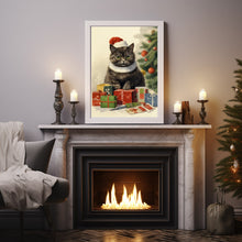 Vintage Christmas Cat Poster - Festive Santa Hat Feline Art Print, Unique Xmas Decor, Holiday Wall Art