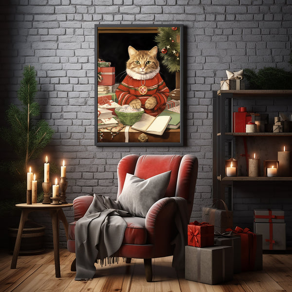 Santa Cat American Shorthair Poster - Charming Christmas Cat Art | Vintage Xmas Holiday Art Print for Festive Decor
